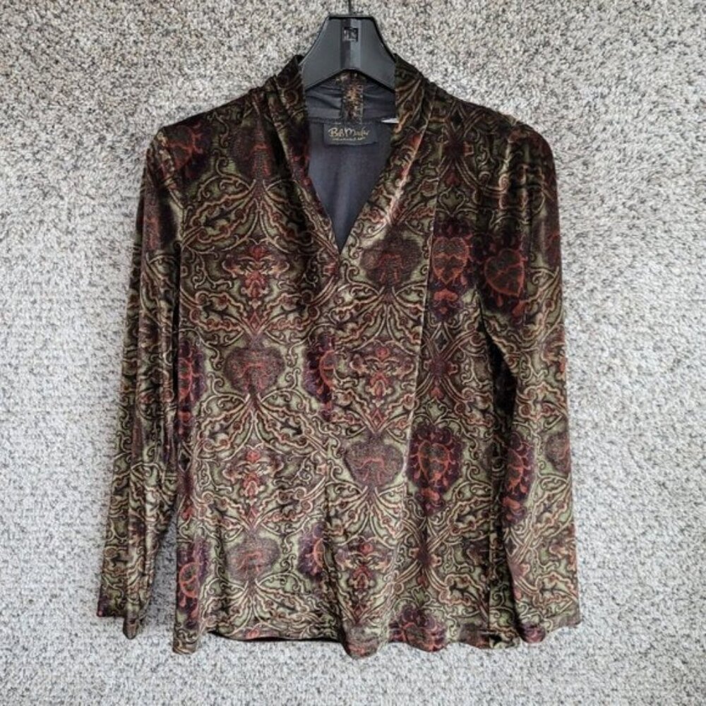 Bob Mackie Wearable Art Top Womens Small Green‎ Velour Long Sleeve V-Neck Ladies